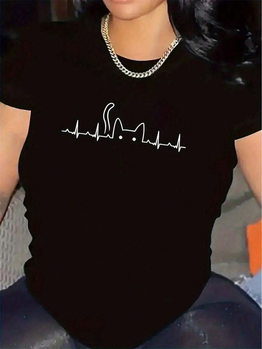 Durable And Lightweight T-Shirt Featuring A Heartbeat Design, Perfect For Restaurant Attire.Offers A Comfortable Fit For Everyday Wear And Serves As A Stylish Casual Top For Women'S Fashion EnsemblesShirt > Beautiful. - Negro - Ver 1