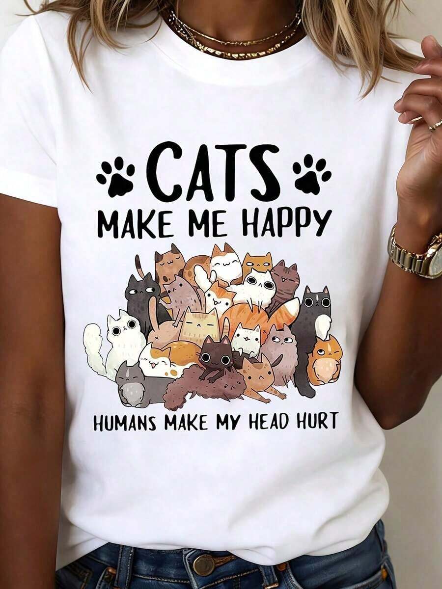 ropa de mujer Camiseta "Cats Make Me Happy" con estampado de gato blanco y texto gráfico para uso casual y amantes de las mascotas, camisas de mujer - Blanco - Ver 1