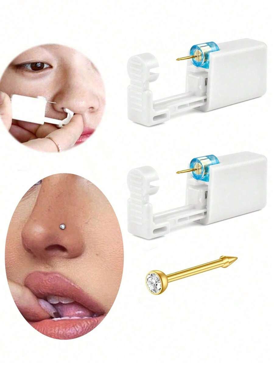 1 Nose Piercing Kit With Gold Nose Stud, 1 Pack Nose Piercing Gun, Disposable Nose Piercing Kit, White Nose Piercing Gun Tool Set - Gold - View 1
