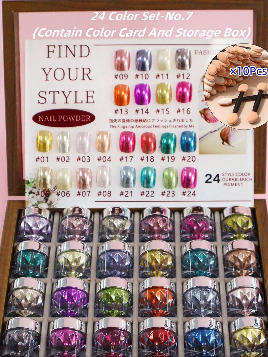 Aurora Magic Mirror Glitter Powder Set, Includes 24 Colored Nail Plates, Storage Box, And 10 Application Tools