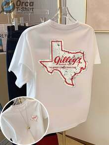 Vintage Casual Style Short-Sleeved T-Shirt, With A Print On The Front And Back, Featuring A Map Of Texas And The Word "Gilley's", Suitable For Everyday Summer Wear, Ideal As A Gift For Couples And Friends. - 白色 - 查看 12