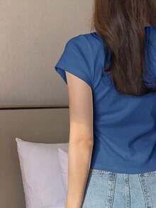Camiseta básica de mujer de manga corta, cuello redondo, unicolor blanco, para primavera/verano, estilo casual de oficina - azul real - Ver 2