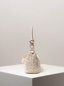 （随机图案）女士单肩包，花卉图案，吊坠装饰，女士手提包，波西米亚风格，夏季沙滩包，旅行必备，邮轮必备，女士度假装，钩针编织套装，优雅女士钱包，女士礼物 - 杏色 - 查看 5