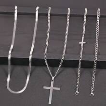 Set Gelang & Kalung Salib Stainless Steel 4 Buah, Gaya Minimalis dan Modis, Cocok untuk Pemakaian Sehari-hari, Hadiah - Set Salib Perak 4 Buah - View 3