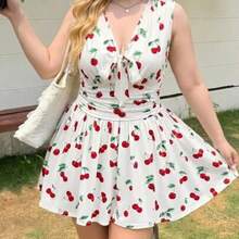 MOD Olive Green V-Neck Ruched Waist Short Jumpsuit For Plus Size Women - Rojo y blanco - Ver 1