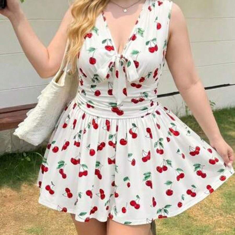 MOD Olive Green V-Neck Ruched Waist Short Jumpsuit For Plus Size Women - Rojo y blanco - Ver 1