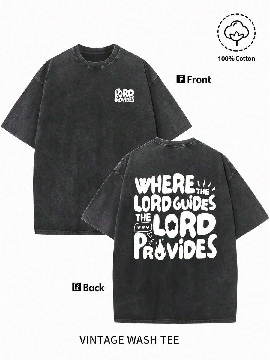 Camiseta de hombre con estampado religioso "La Guía de Dios", camiseta negra de manga corta, de algodón puro lavado estilo vintage, cuello redondo, corte regular, tela cómoda, adecuada para todas las estaciones, ideal para uso diario, adecuada como regalo para las fiestas, perfecta como regalo para amigos, camiseta de algodón lavado de talla grande 2026, camiseta básica, regalo para el Día de San Valentín, regalo para las fiestas. - Negro - Ver 1