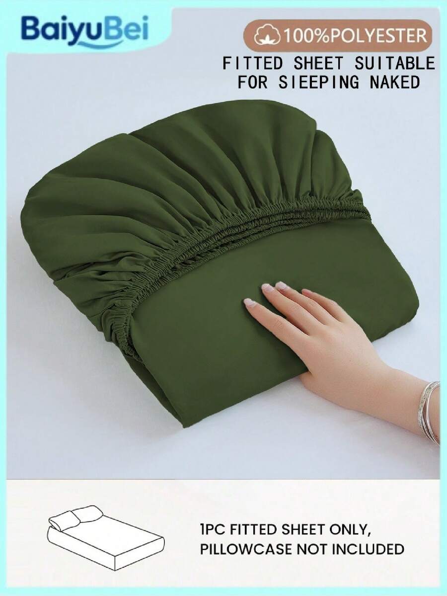 1pc Olive Green Super Soft Solid Color Fitted Sheet, Bedding, Lightweight Fitted Sheet, Mattress Cover, Deep Pocket Design Up To 11.8 Inches Fitted Sheet, Soft & Breathable, Suitable For Single, Double, Queen, King Size Beds, All Seasons, Room Decor, Machine Washable - Olive Green - View 1