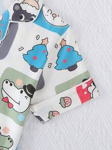3pcs/Set Girls' Casual Cartoon Animal Print Polo Collar Short Sleeve Cardigan, Shorts & Pants Sleepwear Set, Flame Retardant, All Season - Multicolor - View 6