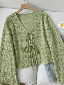 Áo dệt kim dài tay cổ chữ V sâu, có dây rút, xếp ly, vai rớt dành cho nữ, thích hợp cho kỳ nghỉ/đi biển, mùa hè. - Màu xanh Ô liu - Xem 2