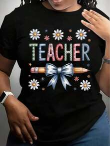 Camiseta Blanca para Maestros con Estampado de Margaritas Coloridas y Lazo de Lápiz, Perfecta para el Día del Maestro o Eventos Escolares - Negro - Ver 6