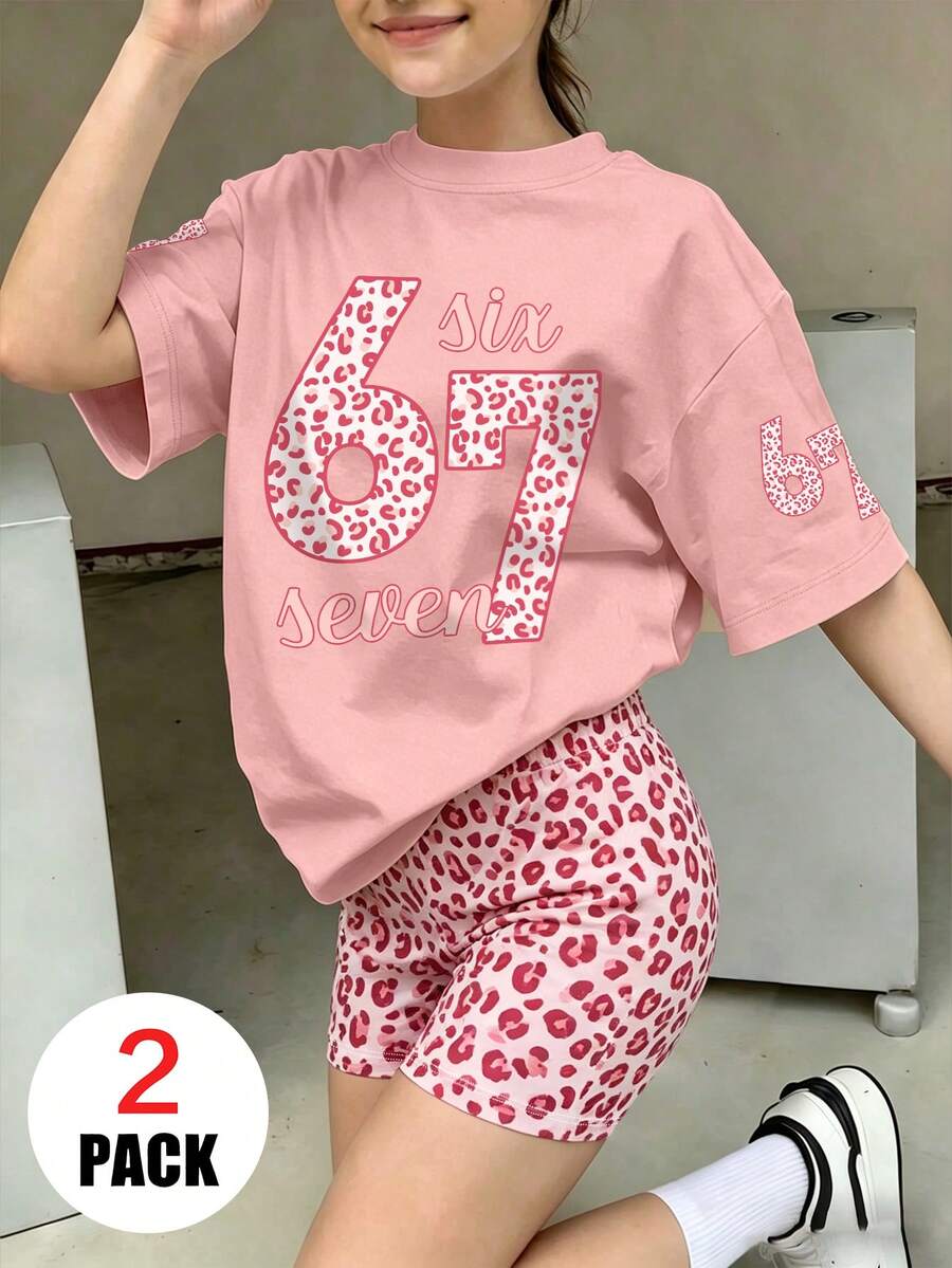 女童2件組,豹紋數字「67」圖案短袖T恤與單車短褲,休閒時尚,適合穿著 - 彩色 - 查看 1