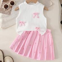 Conjunto de 2 piezas de top de punto acanalado de cuello en V blanco + falda con estampado de lazo a rayas verticales para niñas, adecuado para uso diario, actividades al aire libre y eventos, primavera/verano - Rosa - Ver 7