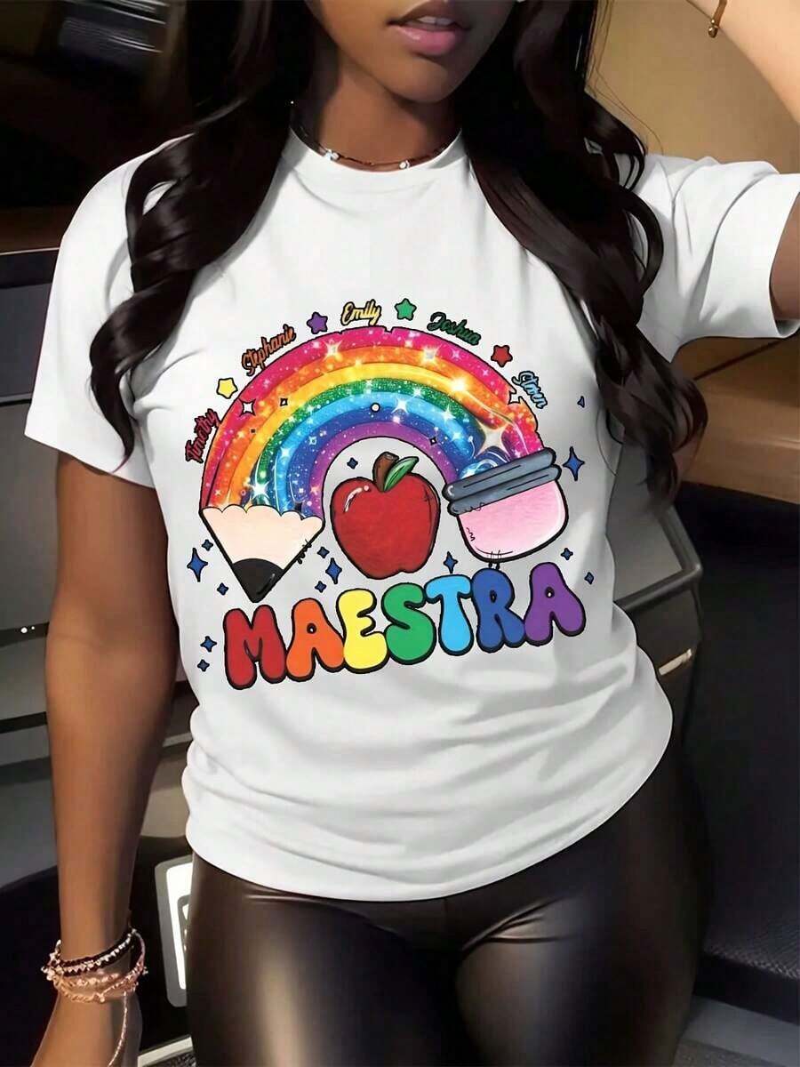 Camiseta de manga corta con estampado gráfico para mujer - Estampado de lápices coloridos, arcoíris y estrellas, top casual transpirable con cuello redondo para primavera y verano, lavable a máquina, camiseta para mujer, diseño divertido, tela de elasticidad media, ropa de mujer. - Blanco - Ver 1