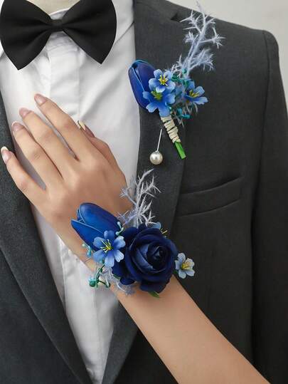 1支/2支/4支藏蓝色玫瑰、藏蓝色郁金香、蓝色花朵胸花和腕带，浪漫花卉装饰，适合新郎、新娘、伴郎、伴娘、婚礼、订婚、宴会、派对、周年纪念、毕业典礼等场合。