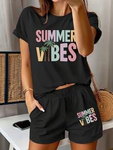 Women's Summer Two-Piece Set-Coconut Tree Print,Casual Short-Sleeved Top + Shorts Women'S Two-Piece Set-Summer Tops For Women-Summer Outfits For Women - 黑色 - 查看 1