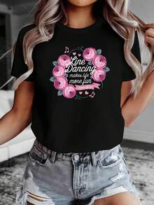 Women's Pure Cotton T-Shirt, Elegant Short-Sleeved T-Shirt With Rose Wreath And Line Dancing Print That Makes Life More Fun, Black Short-Sleeved Round Neck Printed T-Shirt - Machine Washable, Suitable For Spring, Summer And Autumn, Casual Style, Comfortable Fit, Modern Design, Versatile For Daily Wear, Soft Fabric, Fashionable Style. - 黑色 - 查看 7