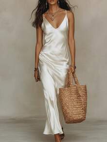 Slip Maxi Dress & V-Neck Knit Sweater Two-Piece Outfit, Elegant Casual Matching Set - Putih - View 2