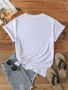 Camiseta informal de corte holgado para mujer con cuello redondo, estampado con la palabra <<mama» y motivo de corazones con estampado de leopardo. - Blanco - Ver 3
