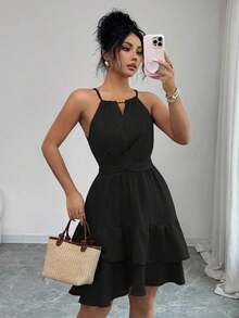 Vestido mini ajustado y acampanado sin mangas, elegante, de color caqui, con lazo de cuentas para mujer, para primavera/verano - Negro - Ver 7
