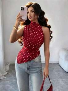 Camiseta de tirantes ajustada con dobladillo asimétrico a lunares rojos, top elegante blanco para mujer, tops elegantes a lunares blancos y negros, de tops para mujer, tops elegantes para mujer, tops casuales para mujer, últimos tops para mujer, nuevos lanzamientos - Rojo - Ver 7