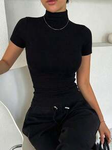 Camiseta negra de manga corta, ajustada, de cuello alto y unicolor, para uso diario y casual en verano - Negro 2 - Ver 1