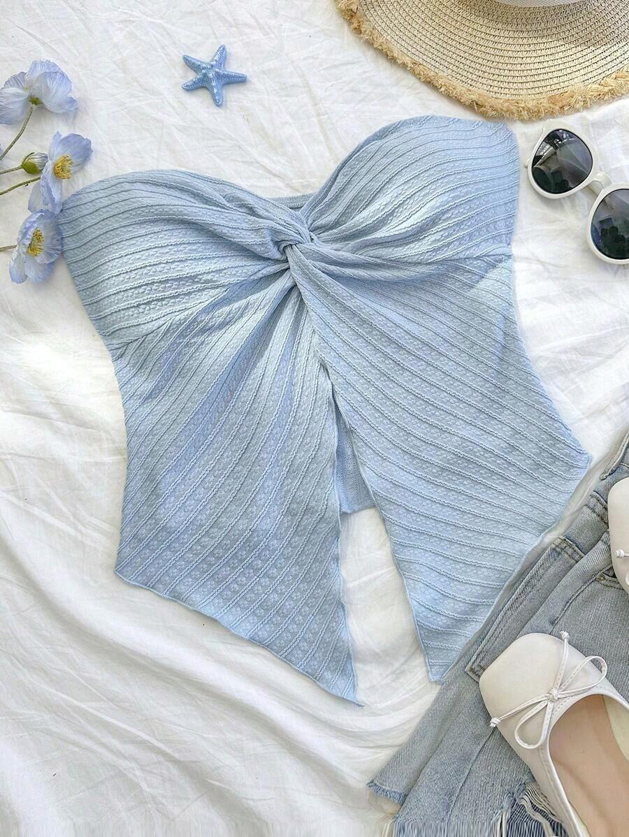 Nuevo top tubo para mujer con diseño de estampado a rayas, diseño de giro y dobladillo asimétrico antideslizante - Azul - Ver 1