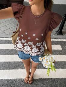 Blusa de verano casual de vacaciones con bordado floral y volantes en las mangas - Marrón - Ver 4