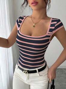 Camiseta de punto de rayas ajustada, estilo minimalista francés, top casual de manga corta, ideal para fiestas, primavera/verano - Azul - Ver 5