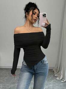 Camiseta elegante de mujer con hombros descubiertos, solapa ancha, dobladillo con cordón y ajuste delgado, para primavera y otoño - Negro - Ver 6