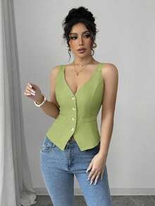 Camiseta sin mangas de un solo pecho de unicolor casual para mujer - Verde 5 - Ver 4