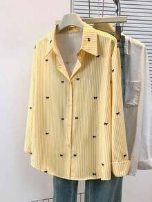 Camisa de manga larga con estampado a rayas y lazo, con botones delanteros, cuello de camisa, top casual, adecuado para primavera, otoño e invierno en color rosa - Amarillo - Ver 5