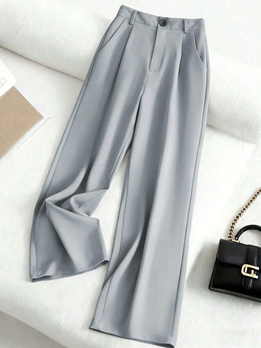 Pantalones casuales sueltos con bolsillos plisados de unicolor para mujer - Gris Claro - Ver 1