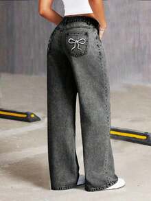 Jeans cómodos de pierna ancha con cintura elástica, lazo y bordado, estilo de moda callejera para adolescentes - Gris Oscuro - Ver 3