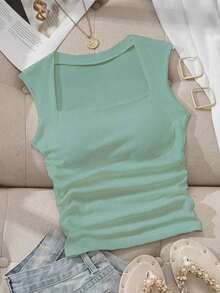 Camiseta sin tirantes con cuello cuadrado, cintura fruncida y sujetador acolchado sin aros - Verde - Ver 8