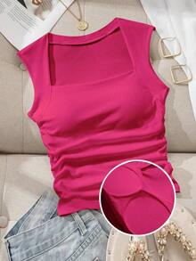 Camiseta ajustada con cuello cuadrado acolchado para mujer, primavera/verano - Rosa Fucsia - Ver 1
