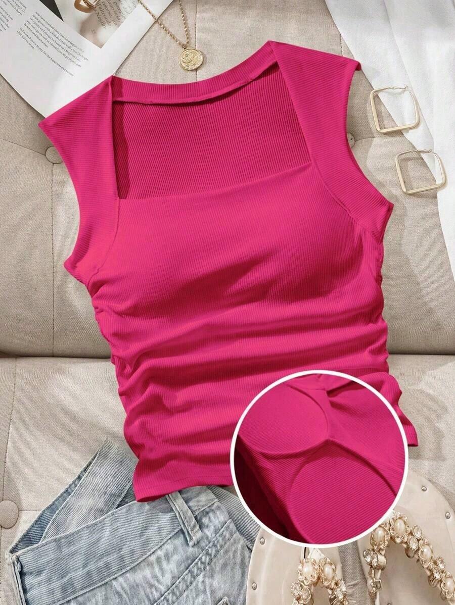 Camiseta ajustada con cuello cuadrado acolchado para mujer, primavera/verano - Rosa Fucsia - Ver 1