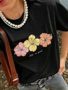 Camiseta de manga corta con estampado de flores para mujer, ropa de primavera, atuendo para festividades, color albaricoque para verano, look playero, estilo vacacional, estilo rural, atuendo de oficina para mujer. - Negro - Ver 6