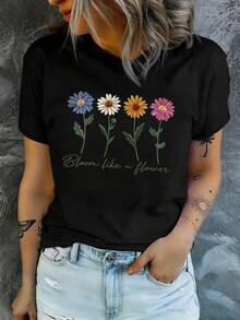 Camiseta negra informal de manga corta y cuello redondo para mujer con estampado floral colorido y la frase "Florece como una flor". - Negro - Ver 5