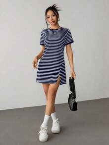 Vestido corto de manga corta para el verano con estampado de rayas y ribete a color block - Azul marino - Ver 6