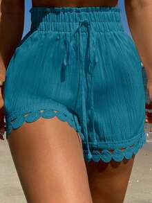 Conjunto de 3 piezas de ropa de verano para vacaciones en la playa para mujer: Cubrecostos con cintura anudada y encaje, Top de traje de baño, Shorts - Azul - Ver 5