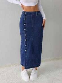 Tall Falda vaquera de mujer, casual, suelta, con abertura lateral, falda midi azul, falda larga para mujeres, falda azul claro, falda azul, ropa de invierno para mujer - Azul lavado oscuro 2 - Ver 6