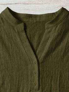 Camisa de mujer de unicolor con cuello en V, casual y versátil para uso diario - Verde militar - Ver 3