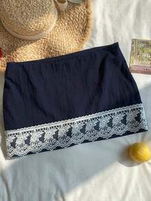 Falda corta de verano informal para mujer con cintura baja de unicolor - Azul marino - Ver 1