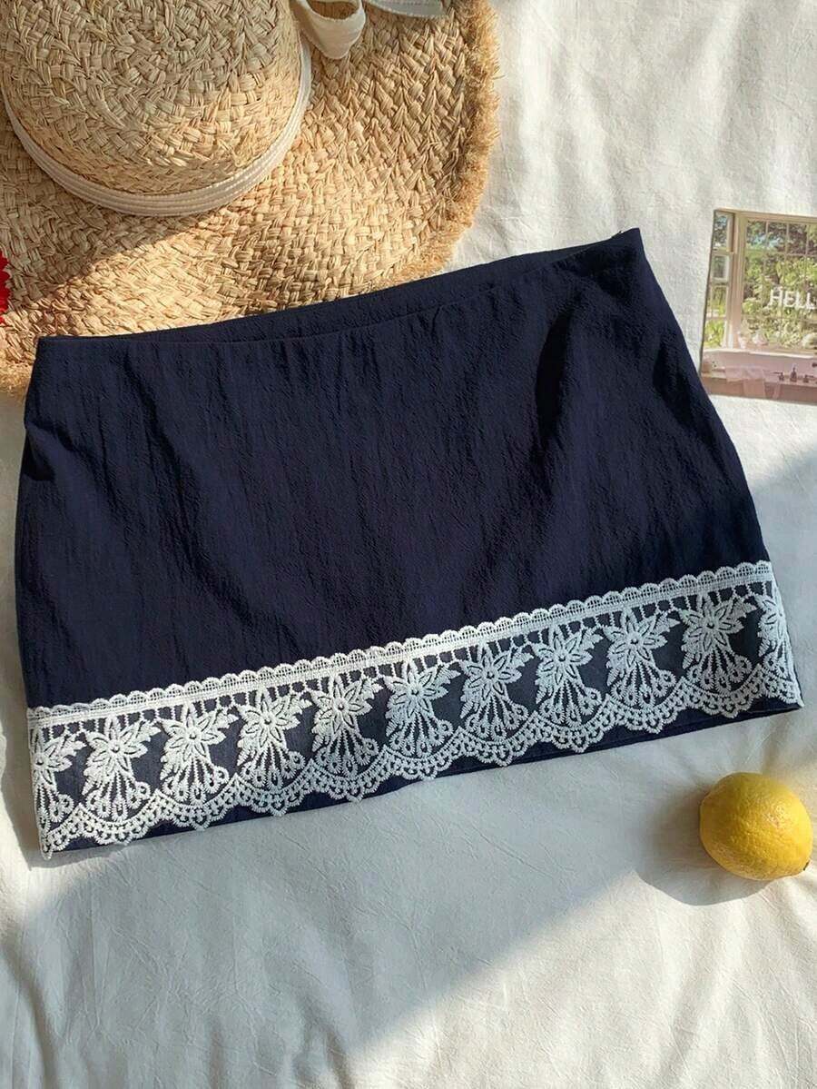 Falda corta de verano informal para mujer con cintura baja de unicolor - Azul marino - Ver 1