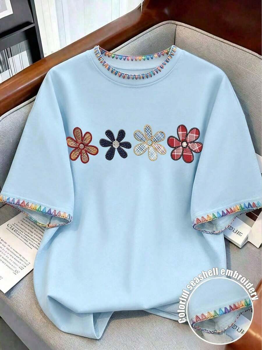 Camiseta de mujer de cuello redondo con estampado de contraste de color degradado de fresa, para verano - Celeste - Ver 1