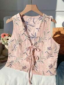 2026 Nuevo Top sin mangas con cuello en V, lazo delantero y bordado floral para mujer, ideal para vacaciones en la playa, uso casual, estilo Y2K de los 2000, primavera, graduación, fiesta de boda, vacaciones elegantes, San Valentín, carnaval, - Rosa - Ver 5