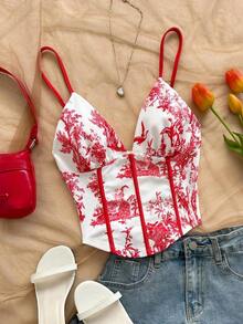 Camiseta sin mangas de punto rojo con escote en V y espalda cruzada, adecuada para citas, estilo bohemio, vacaciones, otoño, ropa de mujer, vintage, días festivos - Multicolor - Ver 1