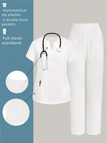 Conjunto de uniforme de enfermera con cuello en V, manga corta y bolsillo lateral con abertura, color azul claro, pantalón informal, conjunto de uniforme de enfermera, para primavera/verano - Blanco - Ver 1