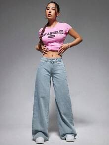ICON Solid Color Wide Leg Pocket Jeans, Casual And Versatile - Light Wash 3 - View 1